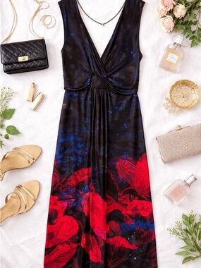 Ulla Popken Plus Size 24/26 Maxi Dress Floral Black Red Blue Flowy Boho Chic